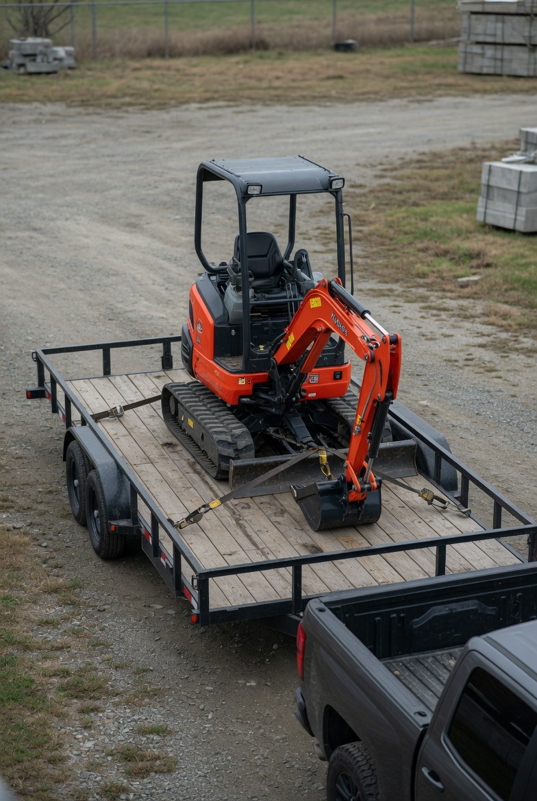 Equipment trailer loaded with a Kubota machine